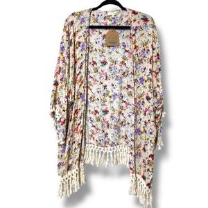 Kori America plus women’s 1XL/2XL Open Cardigan Womens Cover Up Floral Fringe